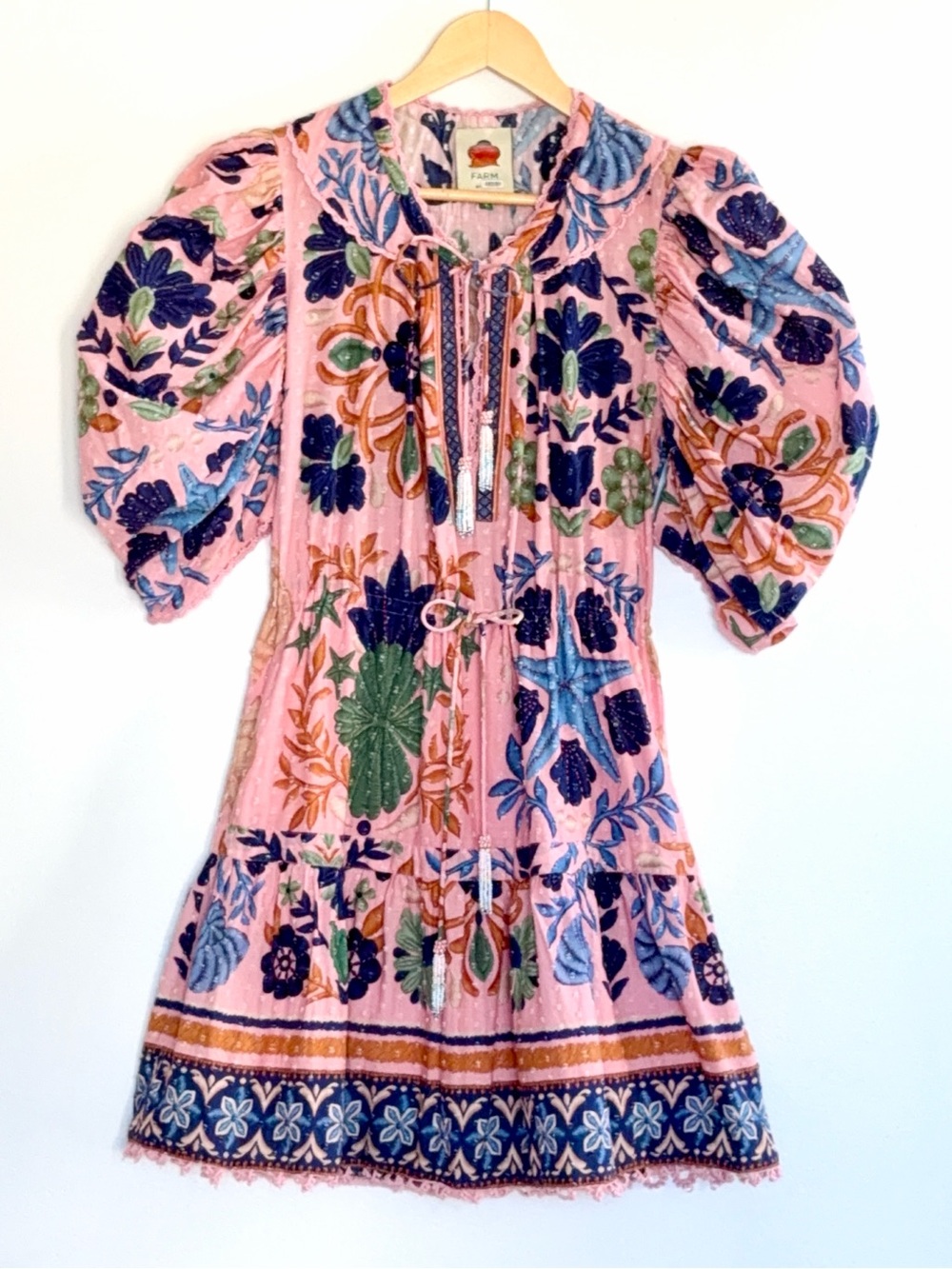 FARM Rio Seashell Tapestry Pink Mini Dress Beaded Tassels Puff Sleeve S